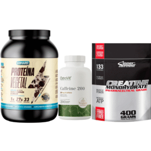 (Pack 18) Gohard proteina vegetal 2lbs + Creatina monohidratada inner armour 400gr + Cafeina 200mg (200serv) Ostrovit